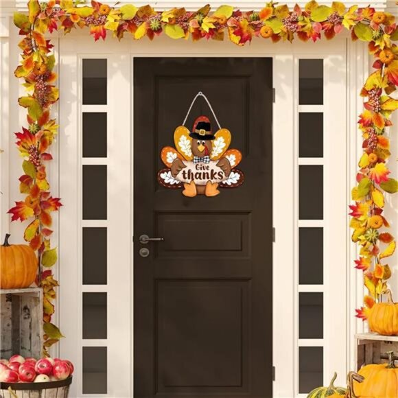 Thanksgiving Give Thanks Turkey Front Door Sign, Fall Wooden Thankful Wreath - Picture 2 of 8